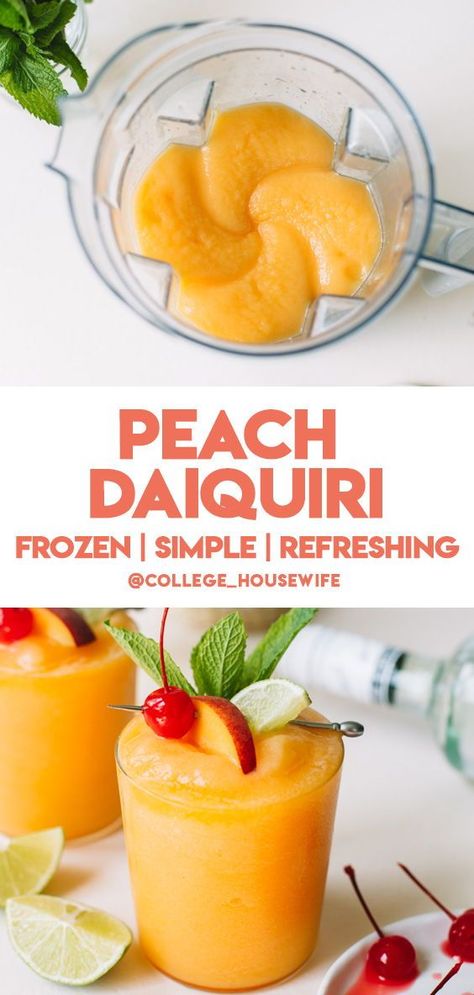 Margaritas, Peach Frozen Drinks, Frozen Cocktails Rum, Peach Daiquiri Recipe Frozen, Frozen Daquiri Recipe Alcohol, White Peach Drink Recipes, Rum Peach Cocktail, Frozen Peach Daiquiri Recipe, Frozen Peach Smoothie Recipes