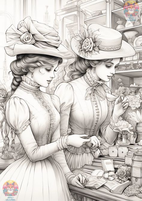 Victorian Ladies Coloring Pages: : A Colorful Journey Through Time and Fashion - adultcolouring.com Victorian Lady Drawing, Free Victorian Printables, Creative Haven Coloring Pages, Victorian Sketches, Handkerchief Quilts, Jasmin Darnell, Fashion Coloring Pages, Chinese Portrait, Steampunk Coloring