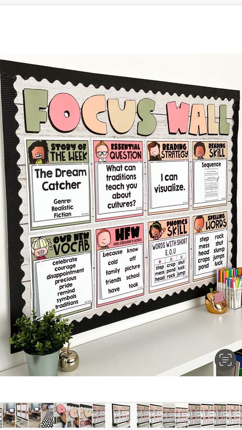 Ela Focus Wall 3rd Grade, First Grade Classroom Walls, Second Grade Classroom Bulletin Boards, We Are A Family Bulletin Board, Hmh Focus Wall, 4 Grade Classroom Decor, 3rd Grade English Classroom Decor, Ckla 3rd Grade Bulletin Board, Student Goal Bulletin Board