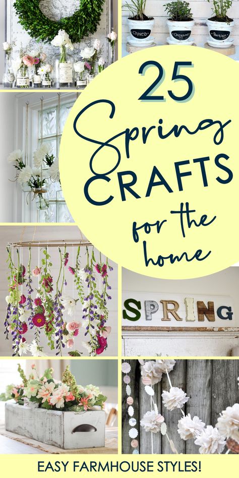 If you're looking to decorate home for spring & love farmhouse style, check out these amazing DIY home decor projects! You'll love these crafts that hit all the farmhouse styles - modern, rustic, boho... Come try some easy spring decor crafts and DIYs! Spring Summer Diy Crafts, Spring Craft Decorations, Spring Handmade Decorations, Home Decor Ideas For Spring, Spring Ideas Decoration Crafts, Handmade Spring Decor, Spring Arrangements Rustic, Ideas For Spring Decorating, Spring Projects Diy
