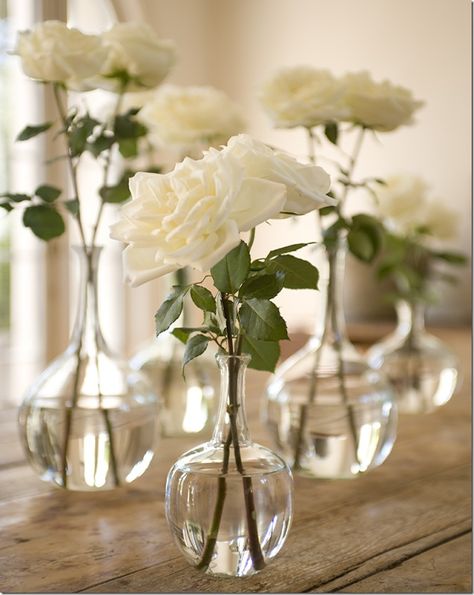 The cocktail tables will have clear glass bud vases with ivory spray roses White On White Table Setting Wedding, White Rose Centerpieces Wedding, Floral Centerpieces For Party, Wedding Guest Book Table Ideas, White Rose Centerpieces, Rose Centerpieces, Wedding Vases, Wedding Table Decorations, Deco Floral
