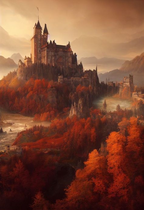 A court of thorns and roses High Fantasy Landscape, Autumn Castle Aesthetic, Fantasy Castle Illustration, Castle Fantasy Aesthetic, Castle In A Mountain, Fantasy Fire Kingdom, Fantasy Aesthetic Castle, Fantasy Mansion Concept Art, Medieval Fantasy City Art