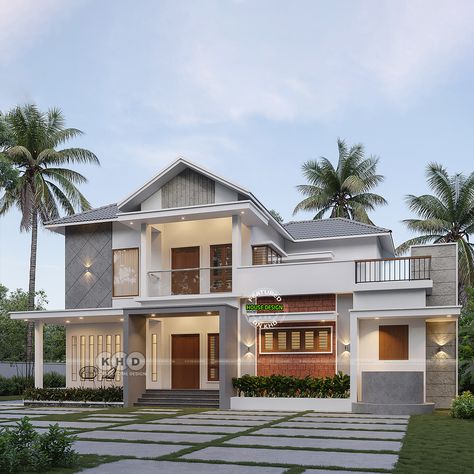 Kerala Home with Kitchen Well Contemporary Slope Roof House, Sloped Roof Houses, New Model House, Kerala Traditional House, Kerala Home Design, House Models, Sloping Roof, Kerala Home, Charming Kitchen