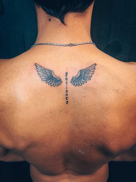 Men’s Back Tattoos Wings, Mens Wing Back Tattoo, Chest Tattoos Men Small, Back Tattoo Wings For Men, Back Tattoo Men Wings, Small Wings On Back Tattoo, Small Wings Tattoo Back, Small Wing Tattoo Men, Simple Back Tattoos Men