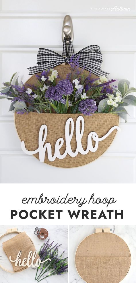 Embroidery Hoop Flowers Wreath, Diy Wreath Burlap, Easy Vendor Crafts, Diy Easy Wreaths For Front Door, Crafts At Home For Adults, Craft With Embroidery Hoop, April Craft Ideas For Adults, Easy Door Wreaths Diy, Embroidery Hoop Pocket Wreath