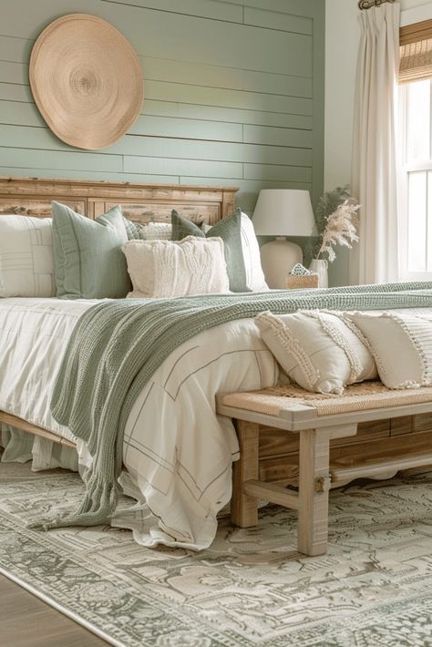 29 Sage Green Boho Bedroom Ideas 22 Sage Green And Cream Bed, Gray White Sage Green Bedroom, Green And Beige Boho Bedroom, Subtle Bedroom Colors, Cream White Green Bedroom, Light Sage Green And White Bedroom, Pretty Colors To Paint A Bedroom, White Green Beige Bedroom, Cream Bedroom With Green Accents