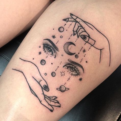 Cutest Tattoos, James Tattoo, Thigh Tats, Henna Ink, Under The Sea Crafts, Tattoo 2023, Thigh Tat, Universe Tattoo, Spiritual Tattoos