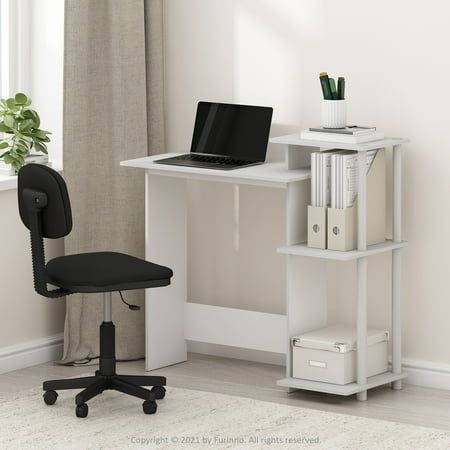 Get your work down at home and in style with this Furinno Efficient Home Laptop desk. It is designed with a clean and compact design with a main tabletop that can accommodate a laptop or some reading materials. To the side, the table features a vertical storage area with 3 shelf spaces, perfect for organizing documents, office supplies, or decorative items ensuring that the essential items are within easy reach. A perfect blend of compact form without diminishing its functionality. The sleek fin White Desk With Drawers, Organizing Documents, Folding Computer Desk, Computer Desk Design, Reading Materials, Desk White, Desks For Small Spaces, Family Photo Frames, Shelf Furniture
