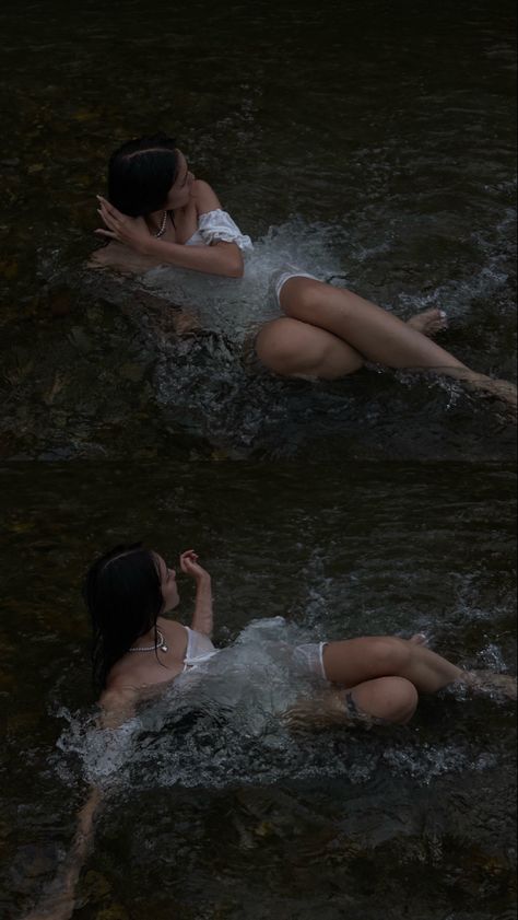 Santiago, Photoshoot Near Waterfall, River Siren Aesthetic, Forest Water Photoshoot, River Fairy Aesthetic, Milk Water Photography, Water Stool Photoshoot, Photoshoots In Water, White Dress In Lake