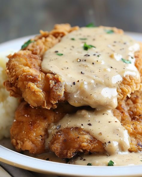 Country Fried Chicken with Creamy Gravy Recipe Fried Chicken Steak And Gravy, Country Chicken And Gravy, Chicken Fried Steak With Chicken, Pan Fried Chicken And Gravy, White Gravy For Chicken Fried Steak, Southern Chicken And Gravy, Fried Chicken Gravy Recipe, Chicken With Gravy Recipes, Country Fried Chicken And Gravy