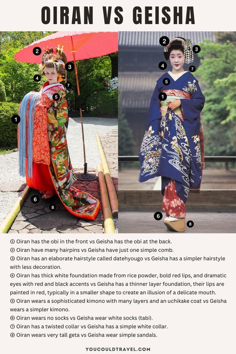 Many people outside of Japan may not know the differences between Oiran and Geisha, two traditional Japanese female entertainers. This article explores the contrasts and similarities of their histories, costumes, makeup, lifestyles, and roles in society, offering a nuanced perspective on their unique cultural significance. Japanese Womens Kimono, Geishas, Kimono Accessories Traditional, Geisha Dress Traditional Kimono, Japanese Make Up Traditional, Geisha Kimono Traditional, Japanese Empress Kimono, Traditional Japanese Kimono Female, Royal Kimono Japan