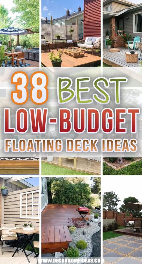 Best Low Budget Floating Deck Ideas. Add a low-budget floating deck to your backyard and create the perfect relaxation oasis for your family and guests. Inspire yourself with these cheap DIY floating deck projects. #decorhomeideas via @decorhomeidea Cheap Diy Deck Ideas, Small Floating Deck Ideas, Simple Decks Backyard Budget, Side Yard Deck Ideas, Patio Deck Ideas On A Budget, Low Cost Outdoor Patio Ideas, Floating Decks Backyard Ground Level, Simple Backyard Deck, Outdoor Oasis Backyard On A Budget