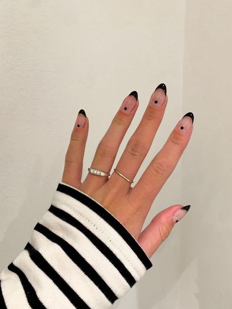 Minimalist Black French Nails, Black Tip Nails With Dot, Dots Acrylic Nails, French Tip And Dot Nails, Black Minimalistic Nails, One Dot Nail Art, Black Simple Nail Art, Minimal Line Nail Art, Nails With One Dot