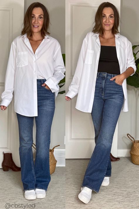 Casual Flare Jeans Outfit With Sneakers, Trendy Button Down Outfits, Outfit Ideas With A White Shirt, Flare Jeans And Shirt Outfit, Bootcut And Sneakers Outfit, Women’s Jeans And Sneakers, Jeans And A Button Down Women, Layering A White Button Up, Outfits With White Button Down