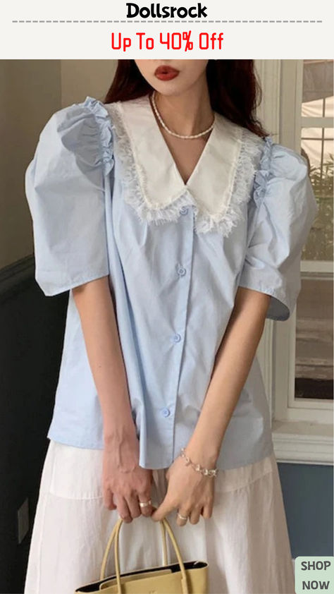 Blue Button Cotton Shirts Puff Sleeve Puffed Sleeves Blouse, Puff Sleeve Shirt, Fashion Design Patterns, Cotton Shirts, New Tops, Puff Sleeve Top, All About Fashion, Cotton Tops, Cotton Shirt