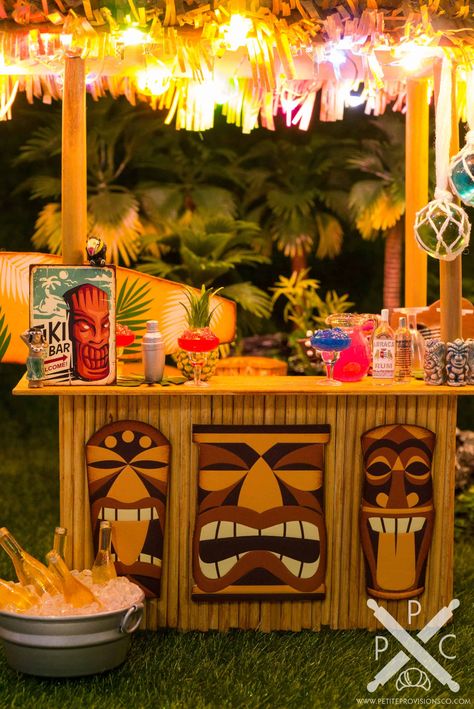 Tikki Bar Backyard Diy, Miniature Tiki Bar, Tiki Signs Diy, Tropical Bar Decor, Tiki Bar Signs Diy, Garden Tiki Bar, Tropical Theme Bar, Tiki Pool Party, Tiki Room Decor