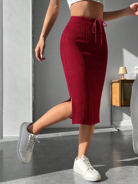 Burgundy Casual Collar  Knitted Fabric Plain Pencil Embellished Medium Stretch Fall/Winter Women Clothing Long Skirt With Sneakers, Ribbed Knit Skirt, Knit Skirt Outfit, Skirts With Sneakers, Black Straight Skirt, Black Ruffle Skirt, Classy Skirts, Burgundy Skirt, Ribbed Skirt