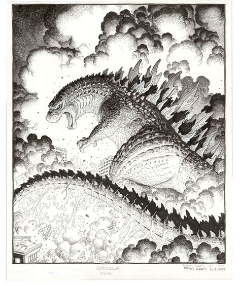 Godzilla (for the 2014 Legendary hardcover) by Arthur Adams Godzilla Tattoo, Arthur Adams, Kong Godzilla, Godzilla Comics, Godzilla Wallpaper, Kaiju Art, Giant Monsters, Kaiju Monsters, Movie Monsters