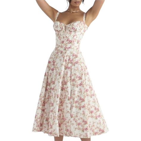 Rosebud Floral Fit & Flare Midi Sundress Size: Women's Large Color: Pink And Green Floral On White Condition: New, Tags, No Known Flaws Step Into The Enchanting World Of Floral Beauty With Our Exquisite Floral Sundress. Designed To Capture The Essence Of The Sun-Kissed Season, This Printed Tight Bustier Sundress Features Eye-Catching Colorful Prints That Add Fun And Flair To Your Wardrobe. Perfect For Spring And Summer Garden Parties, Weddings, And Vacation, This Sweet Dress Is A Must-Have. Lt F Floral Print Dress Summer, Dress With Straps, Midi Sundress, Suspender Skirt, Sling Dress, Large Dress, Swing Skirt, Sweet Dress, Summer Floral