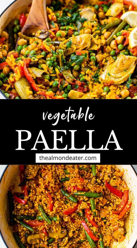 This Vegetable Paella recipe is easy to make in one pot with vibrant veggies, protein-packed chickpeas, and aromatic spiced rice. It’s ready in about 1 hour and can be enjoyed as a mouthwatering Spanish-inspired vegetarian and vegan-friendly main course! Veggie Risotto Recipes, Vegetarian Latin Recipes, Vegan Spanish Food, Vegan Paella Recipe, Paella Recipe Vegetarian, Vegetarian Paella Recipe, Spanish Risotto, Protein Packed Vegetarian Meals, Paella Vegetarian