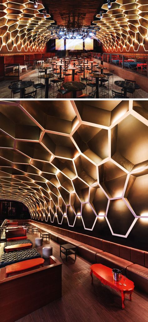 This Nightclub In Mexico Received A Bold Redesign Floor Plans Restaurant, Club Design Interior, Modern Basement, Nightclub Design, Honeycomb Shape, Stars Night, Diy Basement, Christmas House Lights, Bar Interior Design