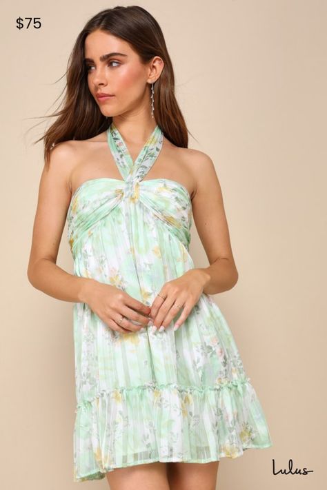 You're certain to be adored wherever you go in the Lulus Radiantly Sweet Light Green and White Floral Halter Mini Dress! Airy woven chiffon shapes this adorable dress that has an allover floral print and gold Lurex threading throughout. Bodice has a tying halter neckline (with hidden no-slip strips), a sweetheart-inspired silhouette, and an open back design. A tiered mini skirt finishes at a ruffled flounce hem. Hidden zipper/clasp at back. Fit: This garment fits true to size. Length: Mid-thigh. Babydoll Dress Homecoming, Formal Mini Dresses, Short Spring Dresses, Maxi Dress For Beach, White Grad Dress, Summer Mini Dresses, Green Sundress, Rush Outfits, Sorority Recruitment Outfits