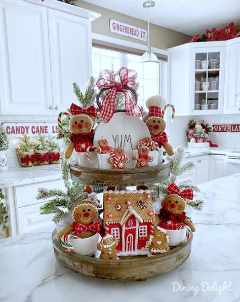 Dining Delight: Gingerbread Themed Tiered Tray Gingerbread Centerpiece, Christmas Signage, Santa Workshop, Gingerbread Kitchen, Gingerbread Creations, Gingerbread Tree, Gingerbread Ideas, Gingerbread Theme, Gingerbread Christmas Tree