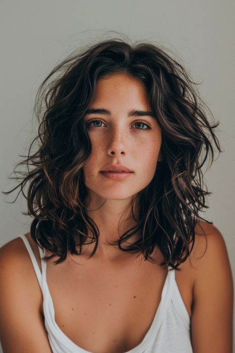 Young woman with shoulder-length wavy hair and a white tank top looking at the camera against a neutral background. Mid Length Hairstyles Layers, Long Bobs For Curly Hair, Short Shaggy Haircuts For Women, Thick Wavy Lob, Curly Mid Hairstyles, Curly Hair Tomboy Haircut, Medium Length Haircut With Perm, Hair Waves Medium Length, Curly Hairstyles Square Face