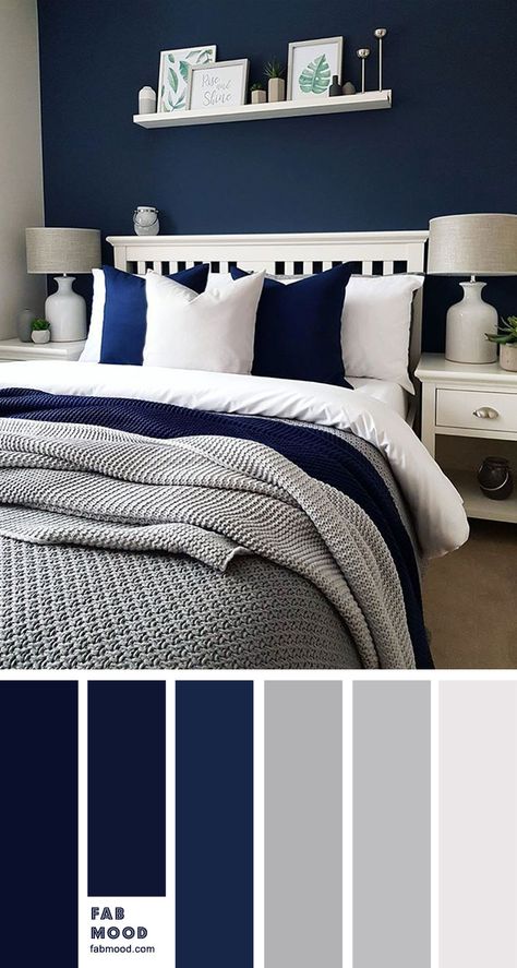 Bedroom color scheme ideas will help you to add harmonious shades to your home which give variety and feelings of calm. From beautiful wall colors... Grey Bedroom Colors, Blue Bedroom Colors, Navy Blue Wallpaper, Design Ložnic, Navy Blue Bedrooms, Navy Bedrooms, Teenage Room Decor, Blue Bedroom Walls, Blue Bedroom Decor