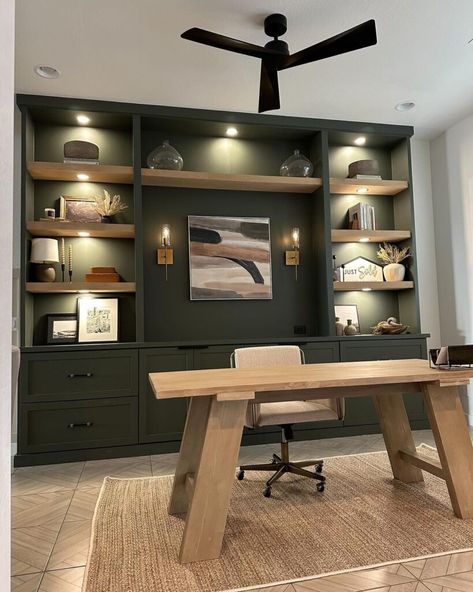 10+ Dark Green Office Ideas For A Nature-Inspired Makeover Dark Green And Wood Office, Man’s Home Office Ideas, Home Office Accent Wall Color Ideas, Black White And Green Office, Cozy Study Room Ideas, Green Office Built Ins, Dark Green Built Ins, Hunter Green Office, Dark Green Library