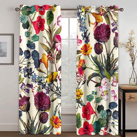 PRICES MAY VARY. 📦[Curtain Sets Include]: Black out curtains 2 panels. Each panel measures 52 inches wide by 96 inches long and top with 1.6 inches inner diameter silver grommets for easy to install, hang and slide. Also, easily fits into any fit well with any standard or decorative curtain rods ♻[Material]: Our room darkening curtains are made of 100% polyester fabric that is soft to touch, good sense of drape, wrinkle free, lightweight, durable and no chemical smell. Also, our window curtains Purple Curtains Living Room, Patterned Window Treatments, Flower Curtains, Curtains Colorful, Blackout Curtains Bedroom, Unique Curtains, Decorative Curtain Rods, Flower Curtain, Bright Walls