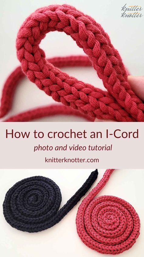 An I-Cord is a crochet or knit tube that is made up of a few stitches worked in a continuous round. Crocheting an I-Cord is very easy and can be used for a variety of purposes. It is also possible to vary the number of stitches to adjust the thickness of the cord. This tutorial contains a photo tutorial for crocheting a 3 stitch I-Cord. It also includes a video tutorial for crocheting a 3 stitch and a 4 stitch I-Cord. Amigurumi Patterns, Crochet I Cord, Crochet Handles, Crochet Belt, Crochet Eyes, Crochet Cord, Crochet Chain, I Cord, Crochet Cap