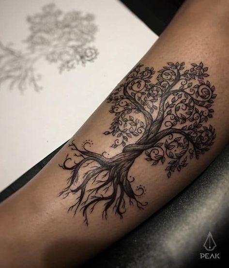 Tree Of Life Tattoo Upper Arm, Tattoo Designs Tree Of Life, Elongated Tattoo Design, Tree Of Life Tattoo Feminine Arm, Tree Tattoo Forearm Women, Nordic Tree Tattoo, Nordic Tattoo For Women, Detailed Tree Tattoo, Lady Tree Tattoo