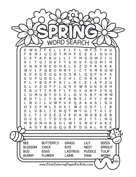 Celebrate spring with this fun and challenging free printable word search for kids. 
Grab both challenge levels for kids of all ages. 
There is a larger puzzle with 20 words, or you can download the smaller puzzle with just 10 easy words for young readers. 
We also provide an optional answer sheet you can download as well! Cute Activity Sheets, Homeschooling Free Printables, Activities For Easter For Kids, Spring Worksheets 3rd Grade, Spring Color Sheets For Kids, 2nd Grade Fun Worksheets, Spring Activity Sheets Free Printables, Easter Activity Pages For Kids, Spring Activities For School Age