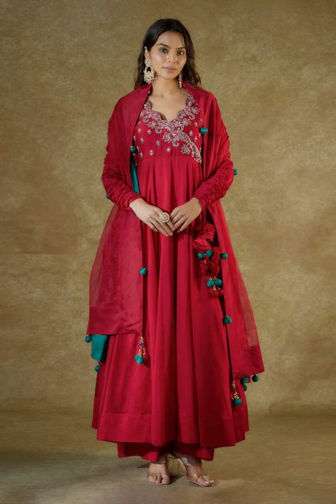 Buy Red Pure Handwoven Chanderi Hand Embroidered Anarkali Palazzo Set For Women by The Aarya Online at Aza Fashions. Anarkali Wedding Suits, Frock Suit Design, Red Anarkali Suits, Churidar Sleeves, Red Frock, Red Anarkali, Red Kurta, Traditional Attires, Embroidered Anarkali