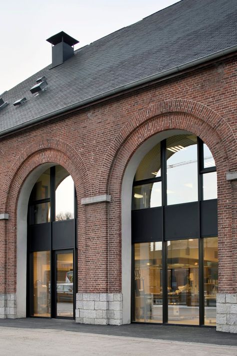 Factory Architecture, Industrial Building Facade, Arcade Architecture, Warehouse Architecture, Barn Photography, Historic Renovation, Brick Arch, Concrete Architecture, Neoclassical Architecture