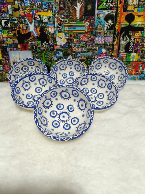 Ceramic Bowls Set, Evil eye beaded ceramic bowl,Set of 6 pieces, Turkish Greek tradiiton,Wedding, Home Decoration, Evil Eye Decor, Handmade Will be sent as a set of 6. Write the note you want for the gift You can use it as a decorative, gift, breakfast or snack bowl. Since it is a handmade product, there may be slight color and pattern changes. Evil Eye Pottery Painting, Greek Patterns, Evil Eye Decor, Ceramic Bowl Set, Greek Pattern, Wedding Home Decoration, Eye Decor, Greek Pottery, Snack Bowl