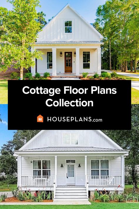 two white cottage house plans - each with a front porch 1000 Sq Ft Cottage House Plans, Square Cottage House Plans, Simple Cottage Floor Plans, Country Cottage Exterior Farmhouse, Craftsman Small House Plans, French Country Tiny House Cottage Style, Cottage With Basement Plans, Vintage Cottage Floor Plans, Cottages With Porches