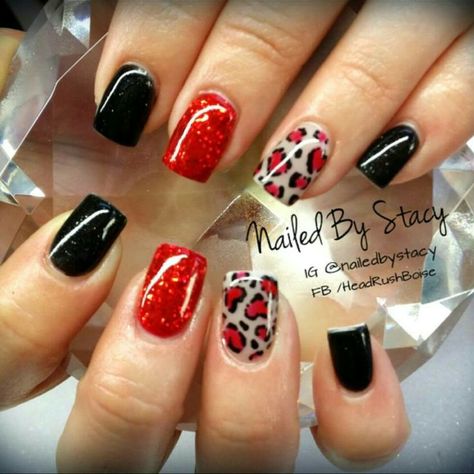 Leopard Valentines Nails, Cool Square Acrylic Nails, Heart Leopard Nails, Red Black And White Valentines Nails, Heart Cheetah Nails, Valentine Cheetah Nails, Valentines Leopard Nails, Valentines Cheetah Nails, Cheetah Dip Nails