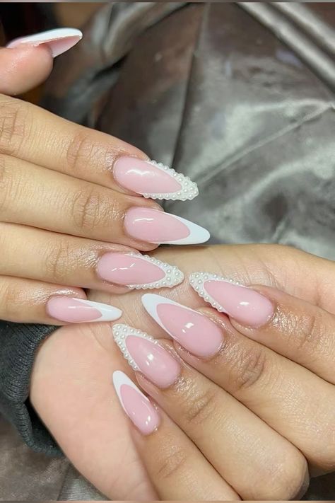 Almond Girly Nails, Bling French Tip Nails Almond, Long Almond Nails Designs Aesthetic, Long Almond French Tip, White French Almond Nails, Long Almond Nails Designs, French Tip Acrylic Nails Almond, Almond French Tip, Acrylic Nail Inspo
