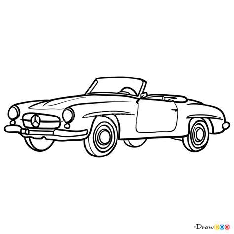 How to Draw Mercedes-Benz 190SL 1961, Retro Cars Cartoon Cars Drawing Simple, Convertible Car Drawing, Old Mercedes Benz Vintage, Old Car Sketch, Mercedes Benz Drawing, Old Cars Drawing, Mercedes Tattoo, Old Car Drawing, Vintage Car Sketch