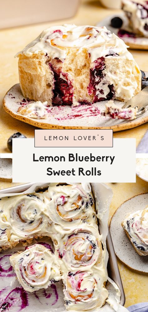 Absolutely to die for, big, soft lemon blueberry sweet rolls bursting with a homemade quick lemon blueberry filling and topped with a luscious lemon cream cheese frosting. These lemon sweet rolls are a glorious new take on my famous cinnamon roll recipe and are perfect for brunch, dessert, and celebrating spring and summer holidays! Brioche, Lemon Blueberry Cinnamon Rolls, Nut Breads, Lemon Sweet Rolls, Blueberry Sweet Rolls, Blueberry Filling, Brunch Dessert, Cinnamon Roll Recipe, Lemon Cream Cheese Frosting