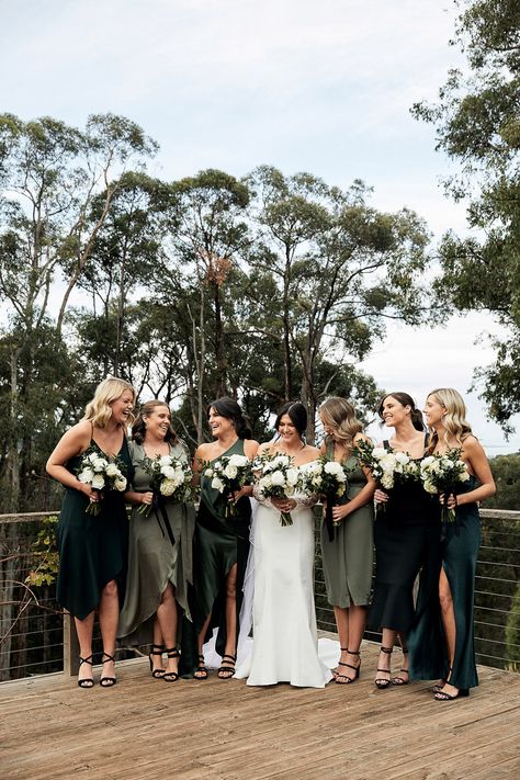 October Bridesmaid Dresses Green, Darker Bridesmaid Dresses, Fall Weddings Bridesmaids, Pine Colored Bridesmaid Dresses, Light And Dark Green Bridesmaid Dresses, Fall Wedding Dress Inspiration, Green And Navy Bridesmaid Dresses, Different Green Bridesmaid Dresses Shades, Navy And Green Bridesmaid Dresses