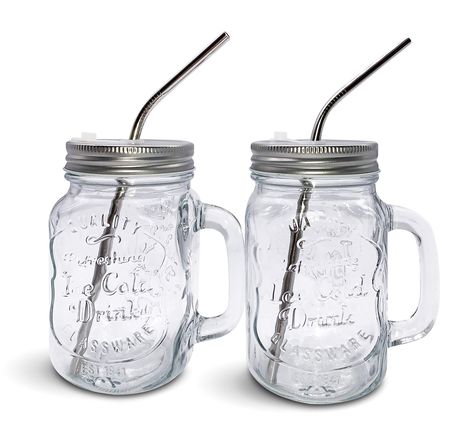 Mason Jars With Handles, Mason Jar With Straw, Mason Jar Cups, Mason Jar Mugs, Trendy Water Bottles, Drinking Jars, Kitchen Glass, Ice Cold Drink, Steel Straw