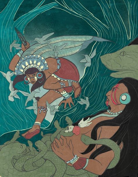 Coyolxauhqui attacks her mother by T Kingfisher Aztec Illustration Art, Mexican Western, Aztec Mythology, Mexican Culture Art, Aztec Culture, Stars In The Sky, Mexico Art, Aztec Art, Mythology Art