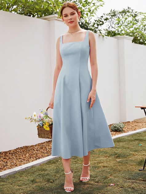 Square Neck Sleeveless A-line Dress Square Neck Sleeveless Dress, Simple Light Blue Dress, A Line Dress Casual Simple, Blue Graduation Dress, Casual Blue Dress, Vestidos Color Pastel, Square Neck Dresses, Pastel Blue Dress, Flare Dress Pattern