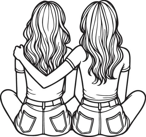 Girl Friends Sketch Drawing. Bff Pictures Drawing, Best Friend Pictures Drawings, Friends Sketch Drawing, 2 Best Friends Drawing, Friends Drawing Ideas, Bff Coloring Pages, Best Friend Drawing Sketches, Best Friend Drawing, Cute Best Friend Drawings