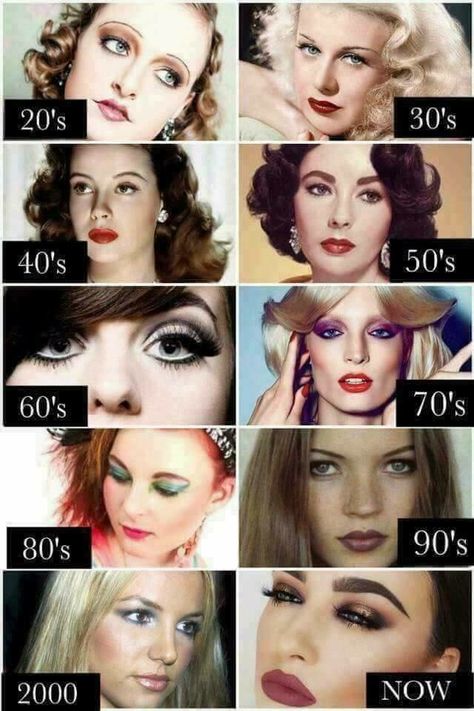 Make up through the decades .... Retro Makeup Looks 40s, Vintage Makeup Photoshoot, 40s Style Makeup, 50s And 60s Makeup, 50s 60s Makeup, Real 70s Makeup, 1900 Makeup Look, 70s Makeup Trends, Decade Makeup Looks