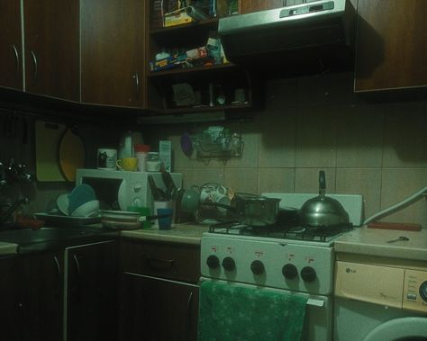 House Middle Of Nowhere, Old Garage Aesthetic, Creepy Kitchen Aesthetic, Cramped Apartment Aesthetic, Slavic Apartment, Poor Room Aesthetic, Dingy Apartment Aesthetic, Run Down Apartment Aesthetic, Poor Neighborhood Aesthetic