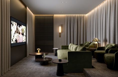 Conrad Architects, Home Theater Room Design, Theater Room Design, Media Room Design, Home Cinema Room, Warm Interior, Home Theater Rooms, Home Theater Design, Theatre Room